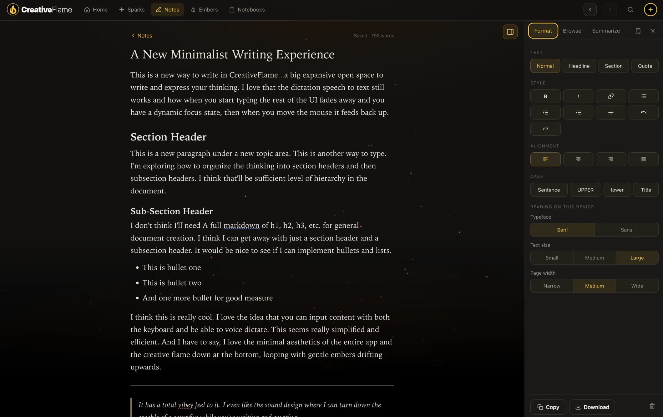 A note open in a minimalist writing view, with the Browse panel of sparks and pictures on the right.