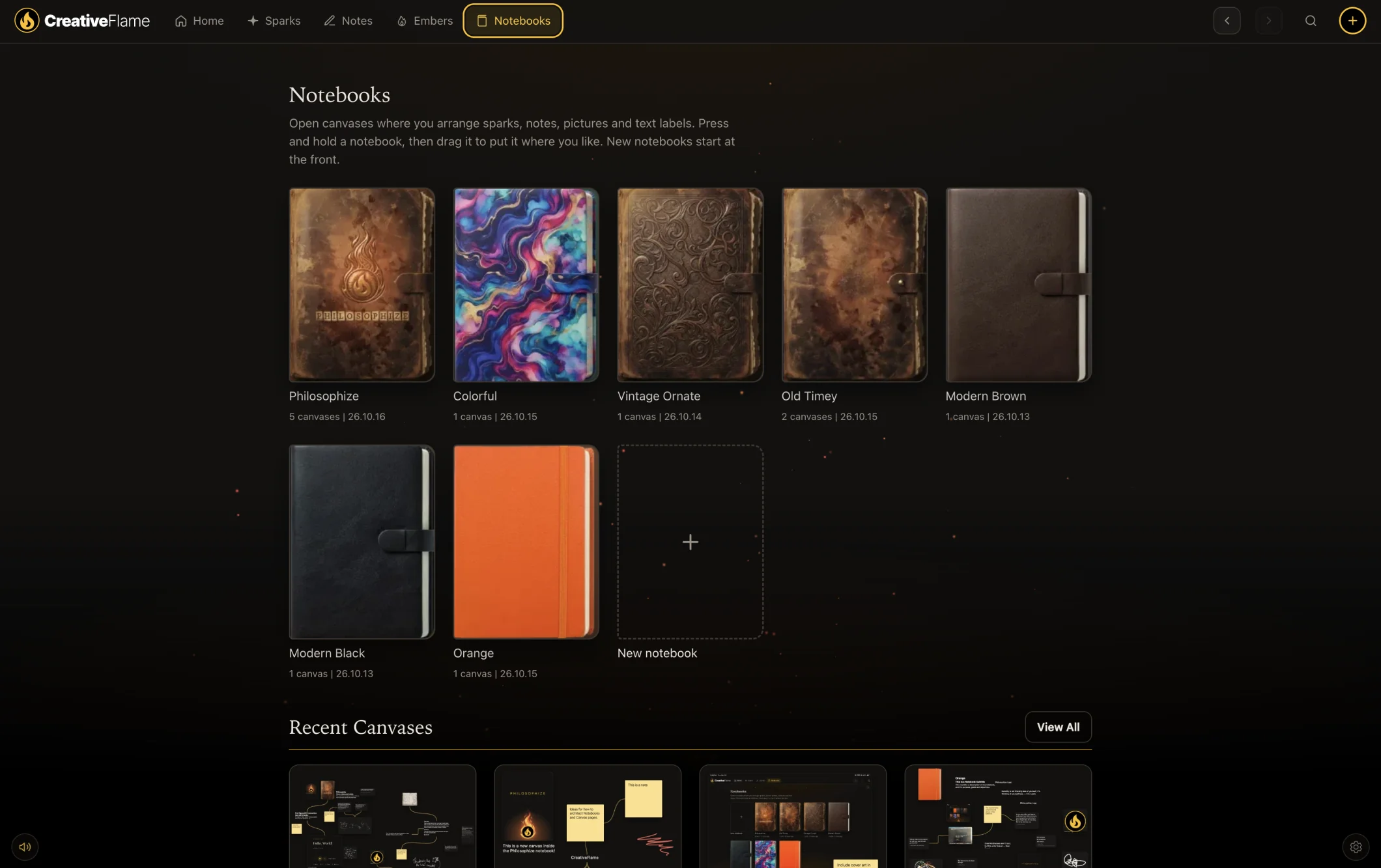 The Notebooks page: a shelf of leather and coloured notebook covers, and recent canvases below.